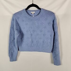 JCrew Crewcuts Bobble Sweater Girls XL(12-13) Blue Floral Crop Cotton Cozy NWT